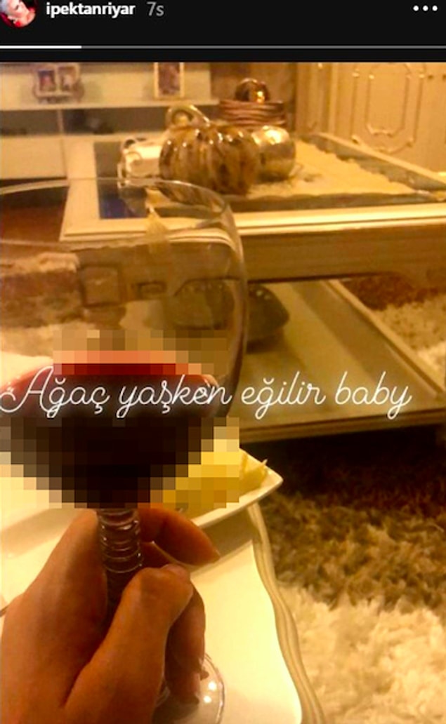 Şarap içerken bir hikaye paylaşan Tanrıyar, bu fotoğrafı "Ağaç yaşken eğilir baby" notuyla paylaşınca, takipçilerinin tepkisiyle karşılaşmıştı.