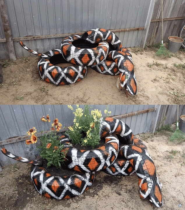 Atık lastiklerden yapılan bir piton saksı 🐍