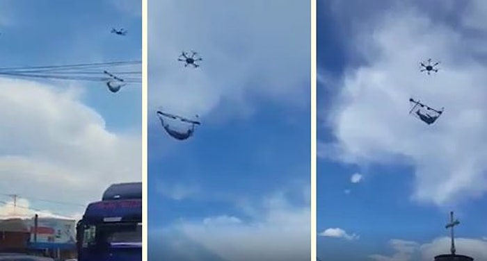 Drone'a Bağladığı Hamak ile Bir Güzel Keyif Yapan Adamın İlginç Görüntüleri!