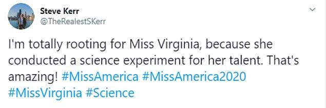 "Miss Virginia için çok mutluyum çünkü yetenek olarak bir bilim deneyi gerçekleştirdi. Bu harika!"