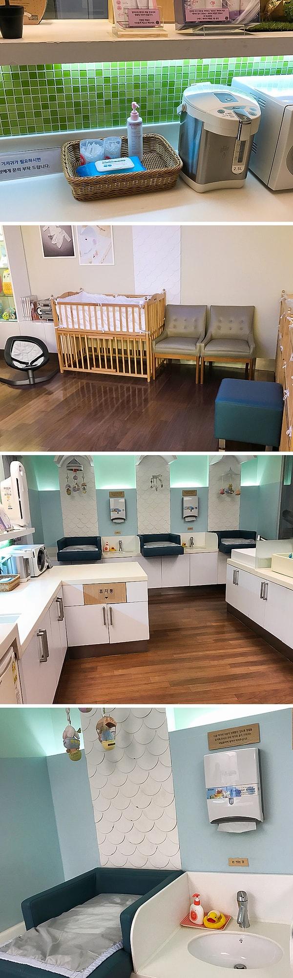4. Bu bebek bakım odası alışveriş merkezlerinde bulunuyor. İçerisinde su soğutucusu, buzdolabı ve mikrodalga fırın olan bir mutfak var. Bir de yatak ve koltuklar olan ayrı bir oda daha var.