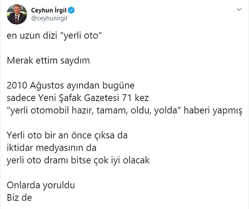 2010 Yılından Beri 71 Kez 'Yerli Otomobil Yollarda' Haberi Yapan Yeni Şafak Sosyal Medyanın Gündeminde