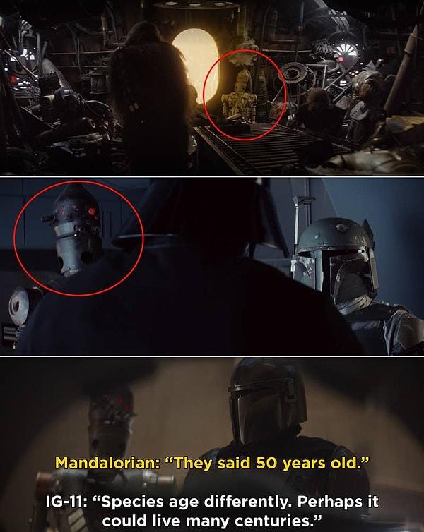 13. Empire Strikes Back'te, Darth Vader tarafından Milennium Falcon'u izlemek için tutulan mağlup IG-88'i, Bespin'deki hurda odasında görebilirsiniz. Bir diğer ödül avcısı droid olan IG-11'i de, The Mandalorian'da görüyoruz.