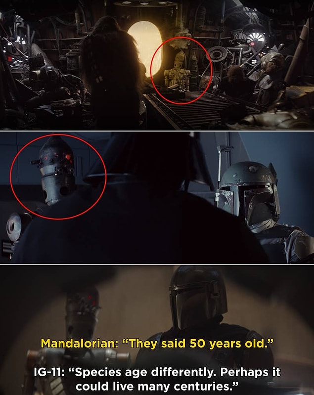 13. Empire Strikes Back'te, Darth Vader tarafından Milennium Falcon'u izlemek için tutulan mağlup IG-88'i, Bespin'deki hurda odasında görebilirsiniz. Bir diğer ödül avcısı droid olan IG-11'i de, The Mandalorian'da görüyoruz.
