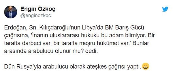 CHP Grup Başkanvekili Engin Özkoç da Cumhurbaşkanı Erdoğan'ı, Libya çelişkisine dikkat çekerek eleştirdi.