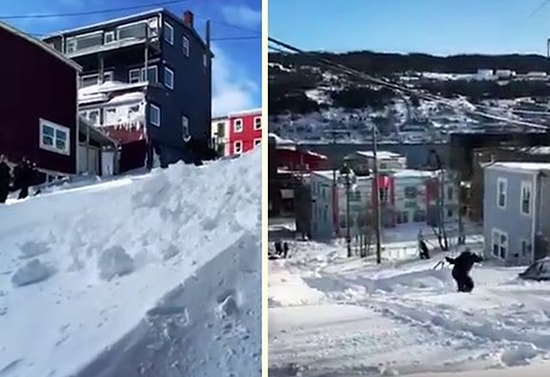 Kanada'da Yağan Karın Tadını Sokakta Kayak Yaparak Çıkaran Kayak Tutkunu!