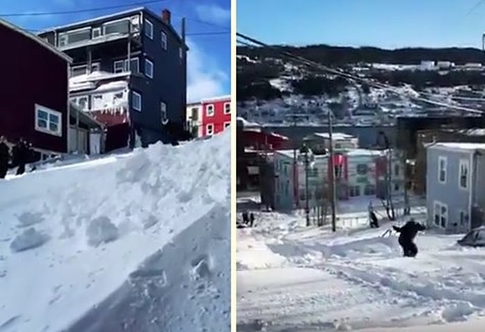 Kanada'da Yağan Karın Tadını Sokakta Kayak Yaparak Çıkaran Kayak Tutkunu!