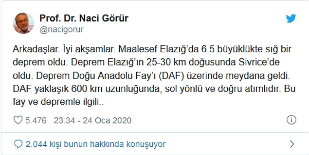 Önemli deprem uzmanlarından olan Prof. Dr. Naci Görür'ün şu açıklaması ise oldukça düşündürücü.