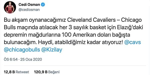 NBA’de Cleveland Cavaliers forması giyen milli basketbolcumuz Cedi Osman, Elazığ’daki depremzedelere destek için Chicago Bulls maçı öncesinde yardım çağrısında bulundu.
