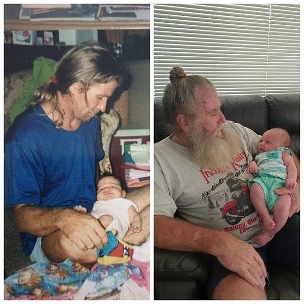 18. "28 yıllık fark: Babam, soldaki fotoğrafta beni, sağdaki fotoğrafta da oğlumu kucağında tutuyor."