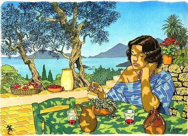 Bir yerlere gidemedik ama olsun. Ben size, Vittorio Giardino'nun muhteşem yaz tatili çizimleriyle, kokusu burnunuza gelen yazlık cümleler kuracağım... Önce bir zeytin ağacının gölgesini bulup oturun tıpkı bu kadın gibi...