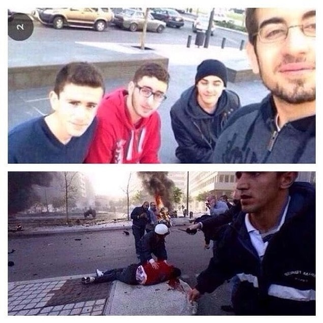 14. Lübnan'daki bir grup arkadaşın çektiği fotoğraftan saniyeler sonra arkadaki altın rengi araba patlıyor ve ikinci görselde de kırmızı sweatshirtlü çocuğun yerde yatan bedenini görüyoruz.