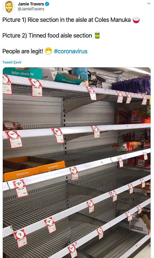 "Birinci fotoğraf pirinç bölümü, ikici fotoğraf konserve yemek bölümü."