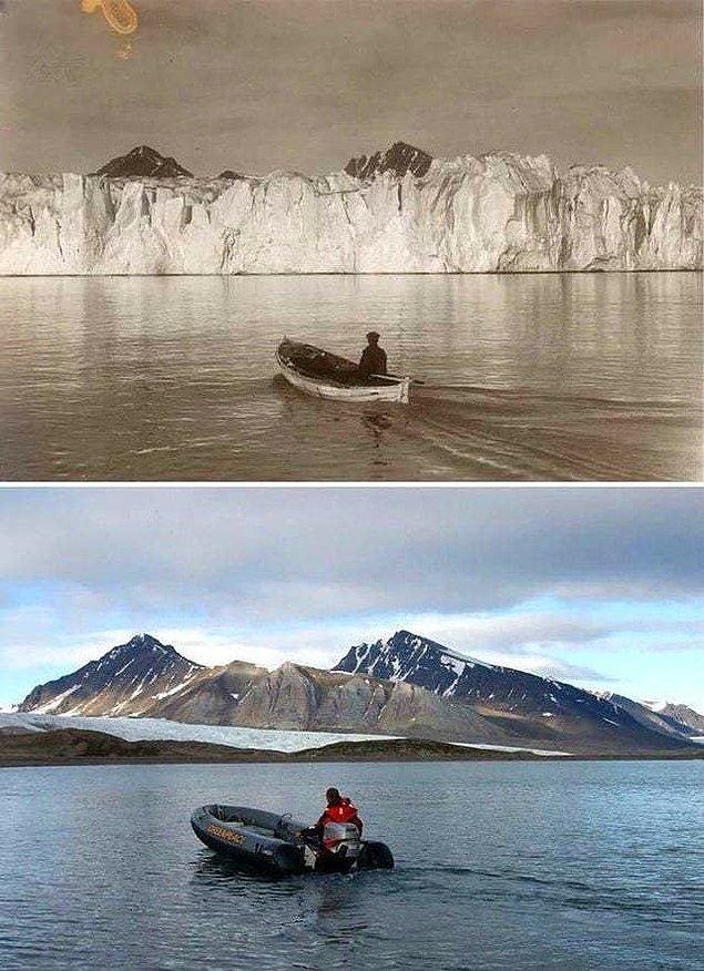 8. Arktik'te 104 yıl önce ve günümüzde çekilmiş fotoğraflar karşılaştığımız tehlikenin boyutunu anlatmaya yeter.