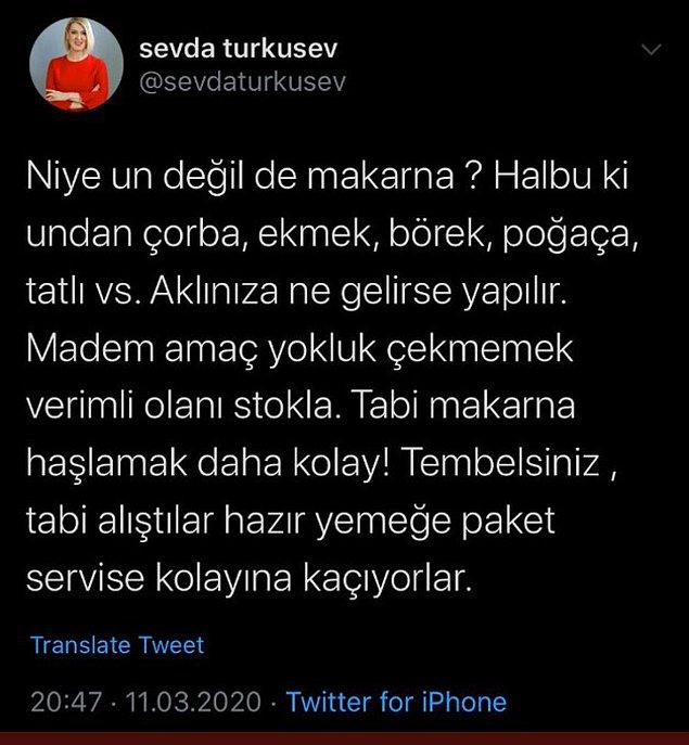 Geçtiğimiz günlerde Şeyma Subaşı'yı Instagram'da paylaşım yaptığı için hedef gösteren Sevda Türküsev de makarna alanlara tepkisini geciktirmedi.