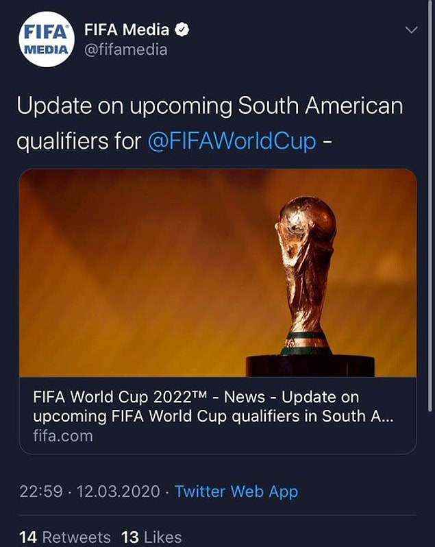 31. FIFA, Güney Amerika 2022 Dünya Kupası Elemeleri maçlarının coronavirüs sebebiyle ertelendiğini açıkladı.