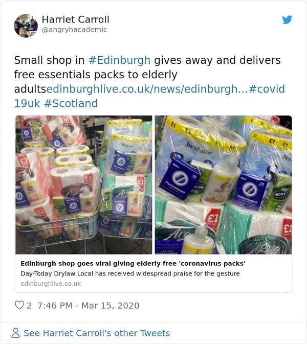 17. İskoçya'daki bu küçük market, küçük ürünleri yaşlılara ücretsiz olarak evlerine kadar dağıtıyor.
