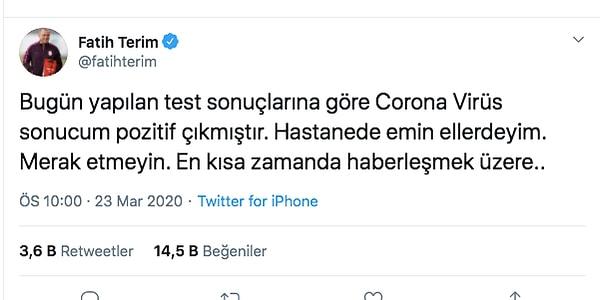 Fatih Terim'in koronavirüs testi pozitif çıktı.