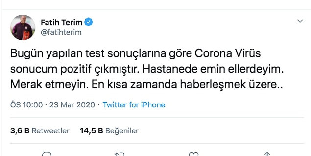 Fatih Terim'in koronavirüs testi pozitif çıktı.
