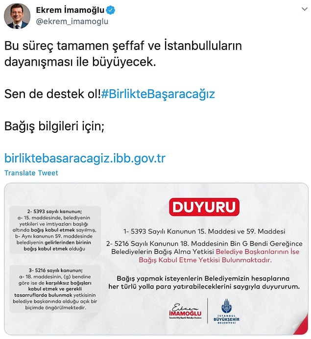 İmamoğlu, yaptığı paylaşımla belediyenin topladığı bağışın yasal olduğunu ifade etti