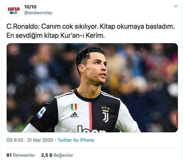 Bir Twitter hesabı da bu haberlerden birini yaptı ve Ronaldo'nun ağzından bu açıklamalara yer verdi.