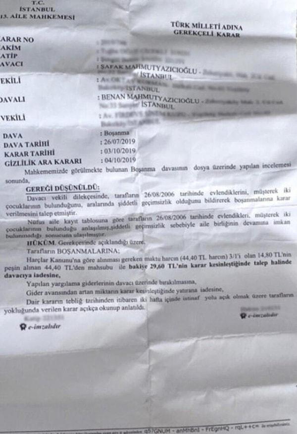 8. Ece Erken ayrıldığı sevgilisi Şafak Mahmutyazıcıoğlu'nun boşanma belgesini paylaştı.
