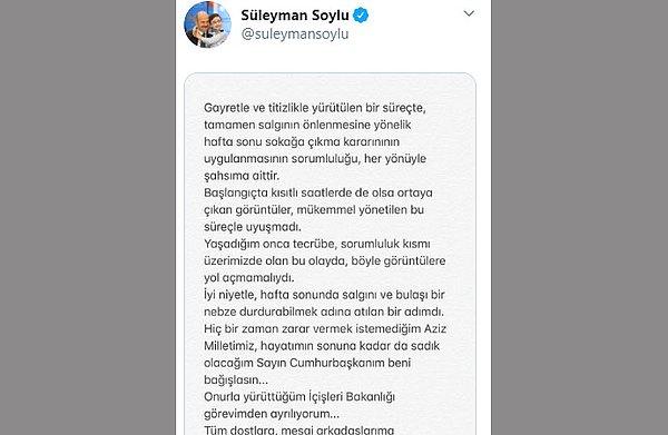 Soylu istifa haberini resmi Twitter hesabından duyurdu 👇