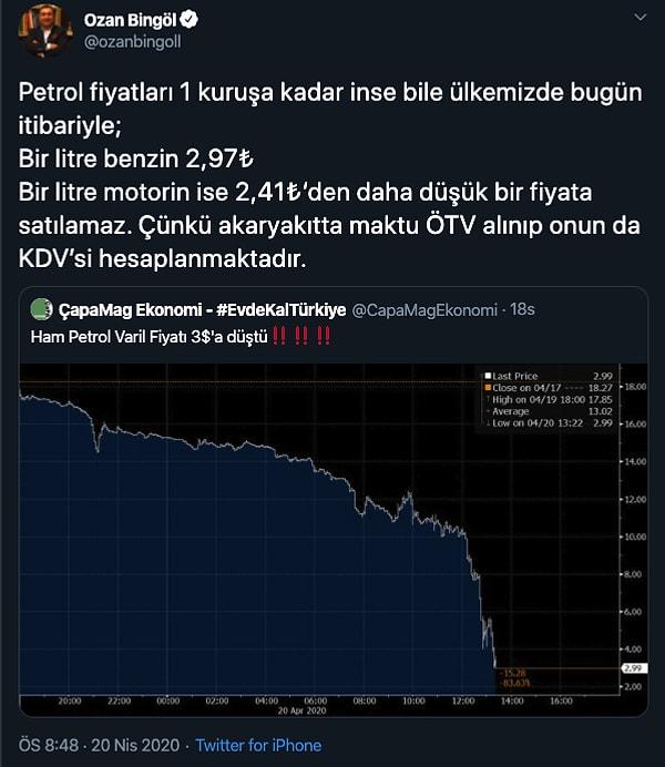 Ozan Bingöl yaptığı açıklamada fiyatların 1 kuruşa inmesi durumunda dahi alınan ÖTV ve KDV nedeniyle fiyatların 2.97 TL'nin altına inemeyeceğini söyledi.
