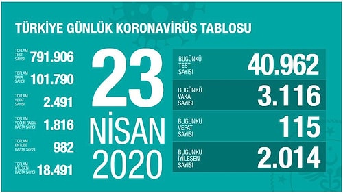 Türkiye'de Koronavirüs: Bugün 115 Kişi Hayatını Kaybetti, Vaka Sayısı 100 Bini Aştı