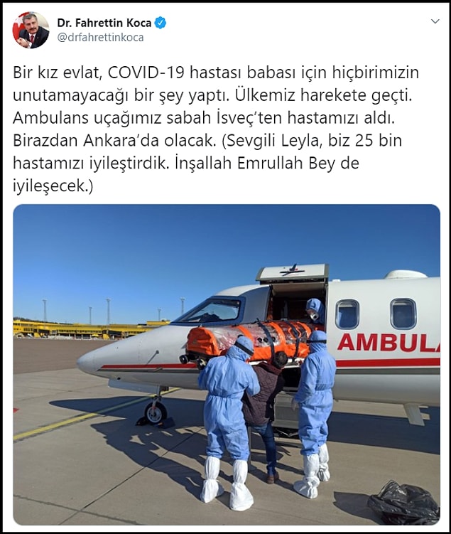 Bakan Koca, saat 13.00’te paylaştığı bir mesaj ile Gülüşken'in İsveç'ten alındığını ve Türkiye’ye doğru yola çıktığını duyurdu. 👇