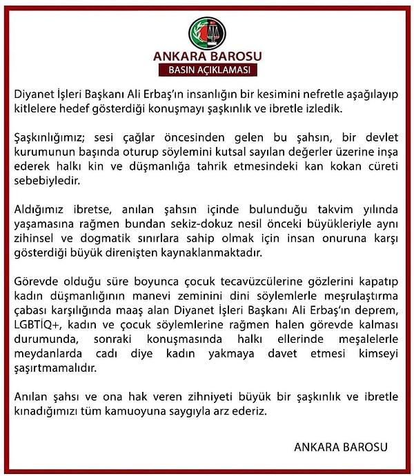 Bu ifadelerin ardından Ankara Barosu bir duyuru yayınlayarak Ali Erbaş'a tepkisini gösterdi. Diyanet İşleri Başkanlığı, Ankara Barosu hakkında 'Halkı kin ve düşmanlığa tahrik veya aşağılama', 'Nefret ve ayrımcılık' ve 'Hakaret' suçlarından Ankara Cumhuriyet Başsavcılığına suç duyurusunda bulundu.
