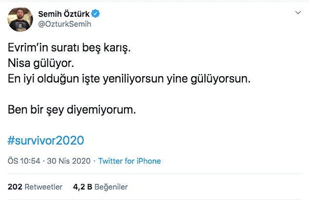 Oyunu Nisa ve Evrim'in kaybetmesinin ardından da bir başka bir tweet daha attı.