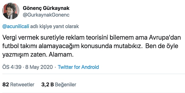 Gönenç Gürkaynak da Acun Ilıcalı'ya bu şekilde bu şekilde cevap verdi fakat karşı taraftan bir cevap gelmeyince muhabbet burada bitti.