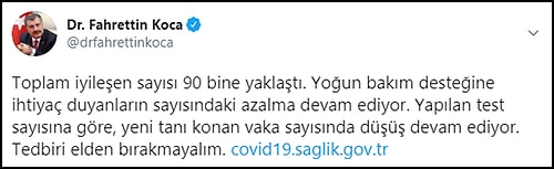 Türkiye'de İyileşenlerin Sayısı 90 Bine Yaklaştı