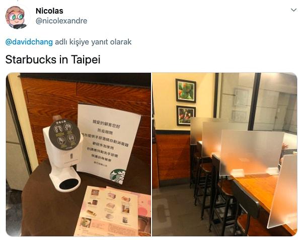 14. Taipei'deki Starbucks ise müşterilerine otomatik bir el dezenfektanı sunmuş. Masalarda da yine seperatörler mevcut.
