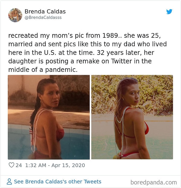 19. Фото мамы из 1989. Она была уже замужем в свои 25, и кидала такие фотографии моему папе. 32 года спустя ее дочь воссоздала фото во время карантина