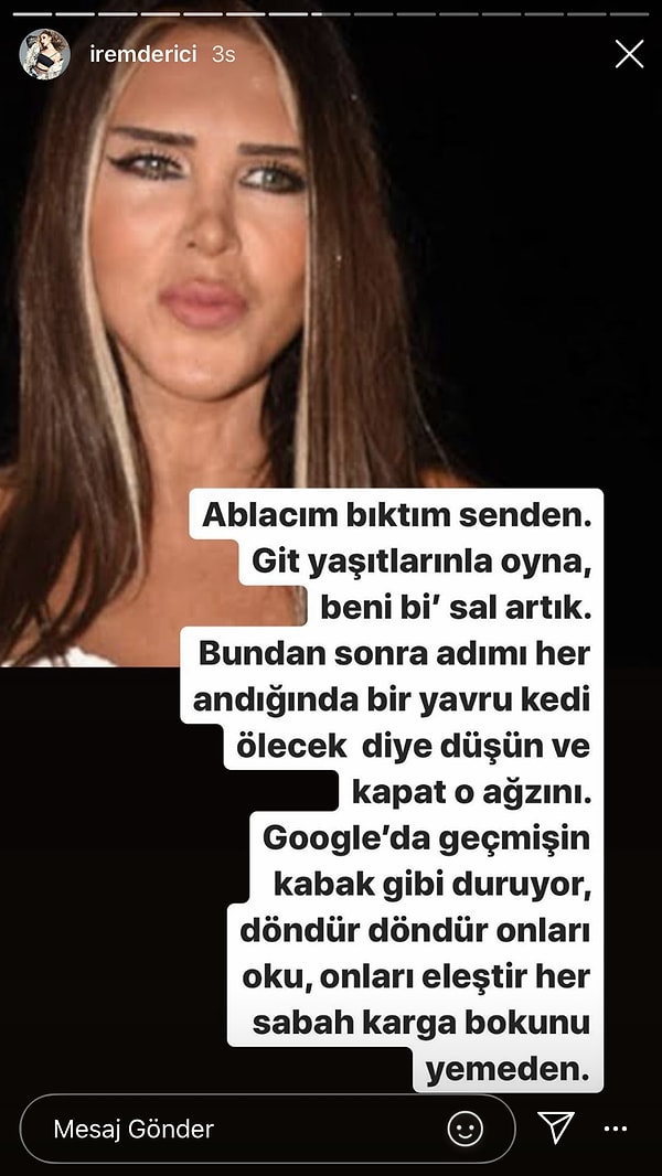 Bu canlı yayını gören İrem Derici de Instagram'dan yaptığı paylaşımlarla Seren Serengil'e demediğini bırakmadı...