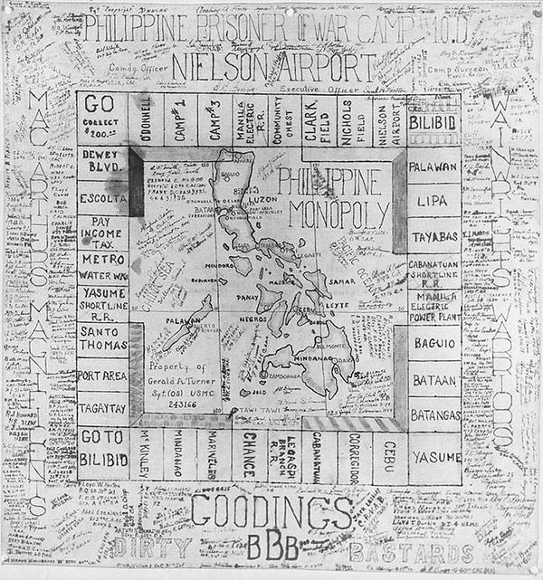 3. Карта для игры в "Монополию", созданная военнопленными, которых японцы удерживали в плену на Филиппинах во время Второй мировой войны