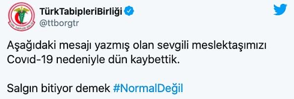 Türk Tabipler Birliği de Çevli'nin vefatı sonrası bir mesaj yayımladı: 'Salgın bitiyor demek normal değil'