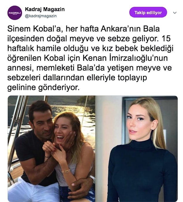 İddialara göre Kenan İmirzalıoğlu'nun annesi Yıldız Hanım, kendi bahçesinde ürettiği sebzeleri ve meyveleri hamile gelinine gönderiyor.