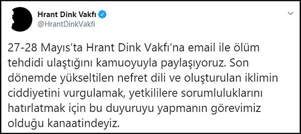 Hrant Dink Vakfı tarafından yapılan açıklama şöyle 👇