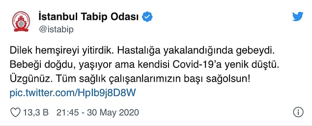 İstanbul Tabip Odası da Dilek hemşire için bir mesaj paylaşmıştı