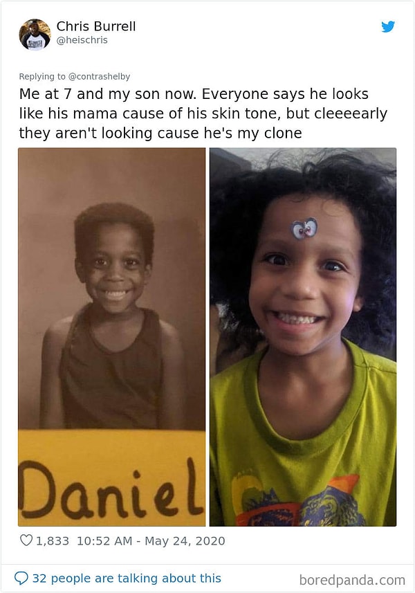 16. Я в 7 лет, и мой сын. Люди говорят, что он более похож на мать из-за цвета кожи. Но они тоооочно не похожи, потому что это мой двойник