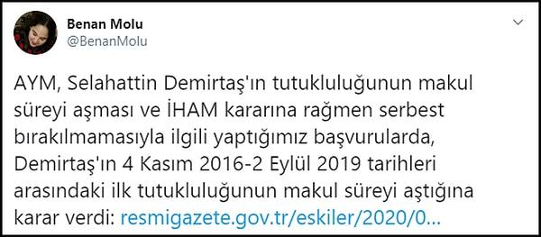 Demirtaş'ın avukatı Benan Molu; "İkinci tutukluluk, ilk tutukluluğun devamı olduğu için bu karar itibarıyla Demirtaş'ın serbest bırakılması gerek" dedi. 👇