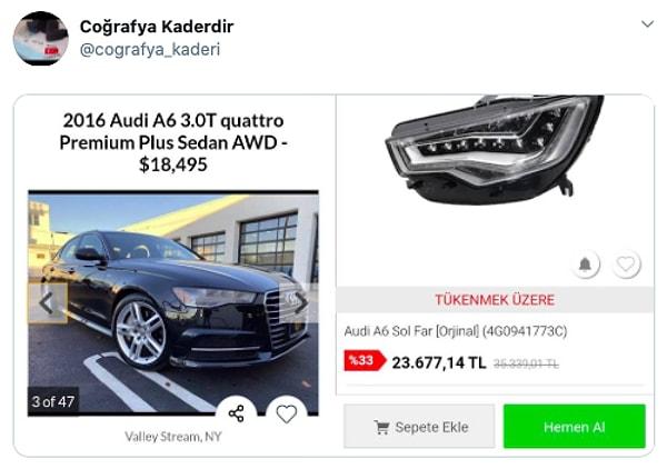 Yine benzer şekilde 2016 model bir Audi A6'nın Türkiye'de tek bir sol farı 23 bin TL'yi buluyor.