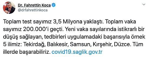 Bakan Koca Virüsle Mücadelede Örnek İlleri Sıraladı: Toplam Vak'a Sayısı 200 Bini Geçti