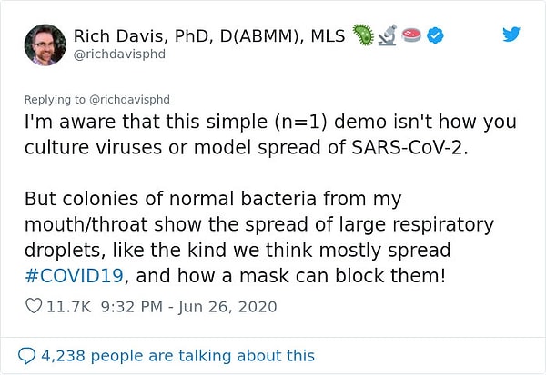 "Я понимаю, что этот эксперимент не совпадает с тем, как мы распространяем вирусы и атипичную пневмонию-CoV-2.”