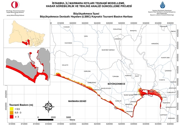 Büyükçekmece’de maksimum su basma derinliği, noktasal olarak 8.59 metreye ulaşacak; 1400 yapı tsunami baskınından etkilenecektir.