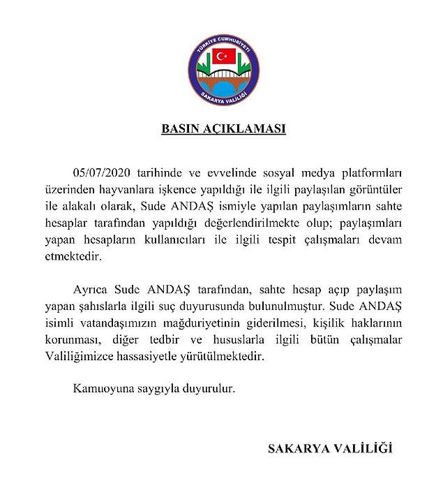 Sakarya Valiliği'nden şahsın Instagram hesabına 5 Temmuz 2020'de inceleme başlatıldığı açıklaması paylaşıldı.