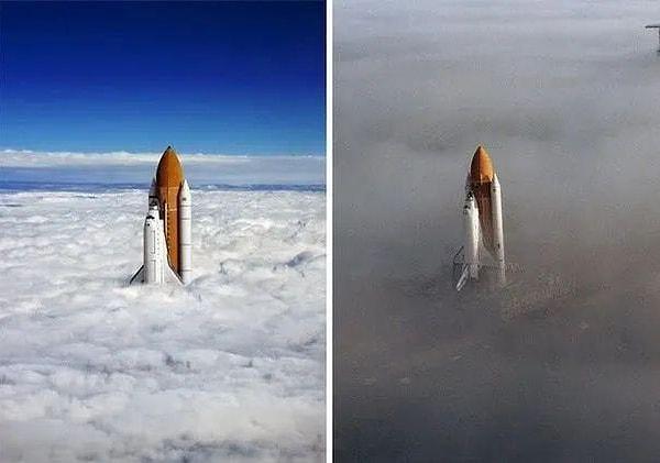 8. Uzay mekiğinin bulutları aşma anını gösterdiği iddia edilen fotoğraf, sağdaki halinin montajlanmış hali.